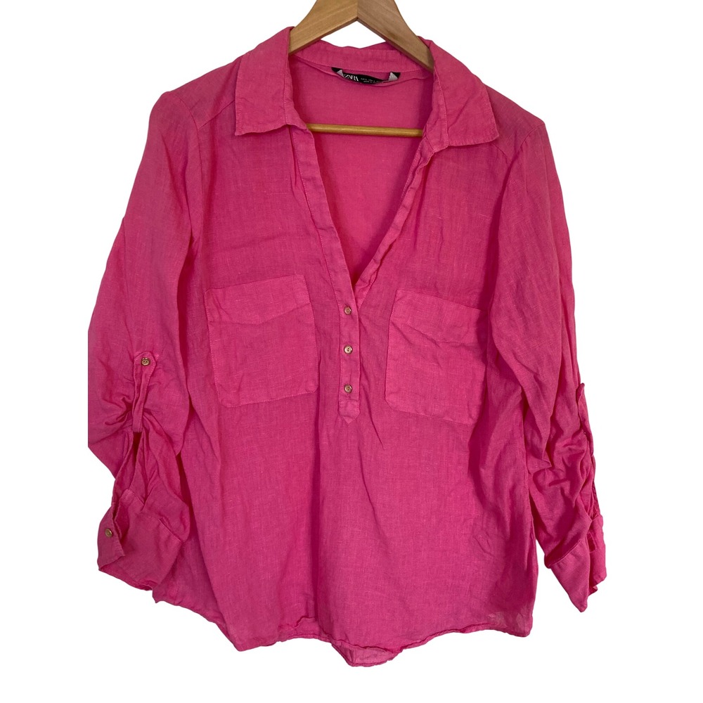 Zara Womens Hot Pink 100% Linen Roll‎ Tab Sleeve Henley Tunic Blouse Large